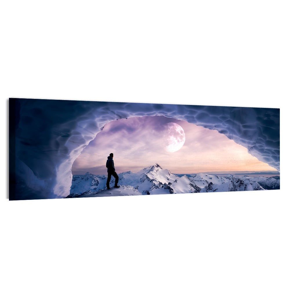 Moonlit Ice Cave Hiker Wall Art, canvas print, panoramic