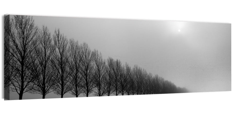 Misty Row of Bare Trees Wall Art, canvas print, panoramic