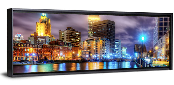 Providence River Night Skyline Wall Art as a framed canvas