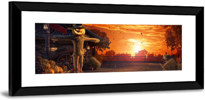 Glowing Pumpkin Scarecrow at Dusk Wall Art as a framed print