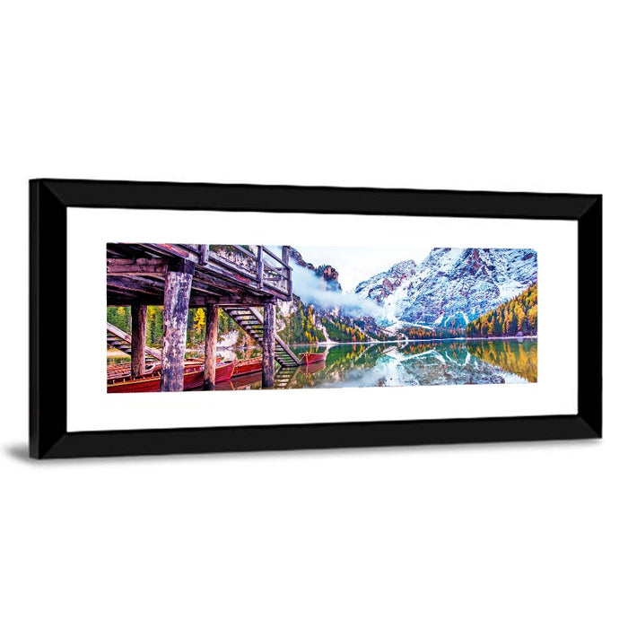 Lago Di Braies Boathouse Wall Art as a framed print