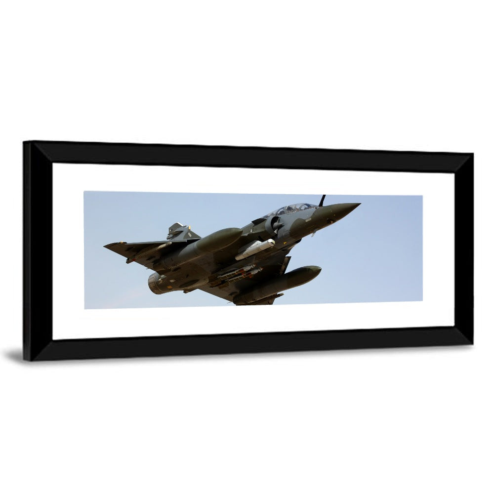 Camouflaged Fighter Jet in Flight Wall Art, framed print, panoramic