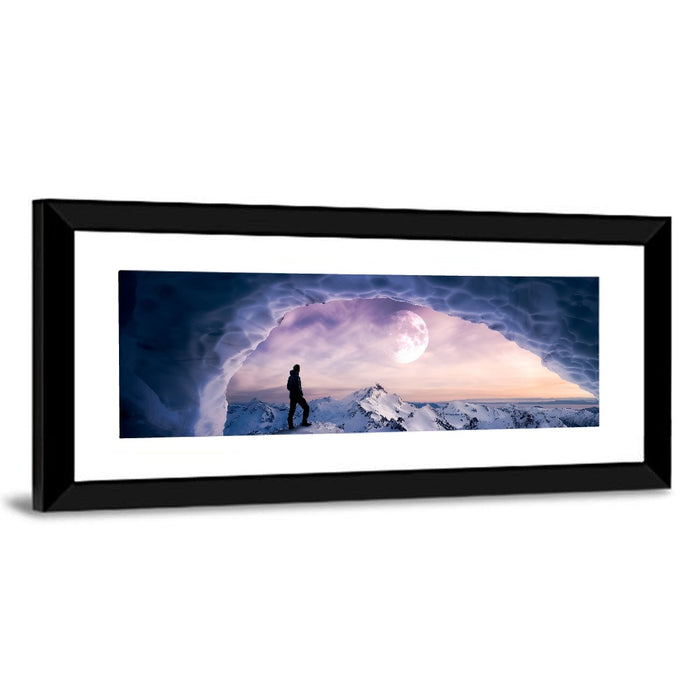 Moonlit Ice Cave Hiker Wall Art as a framed print