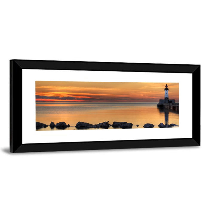 Duluth North Pier Lighthouse Sunset Wall Art as a framed print