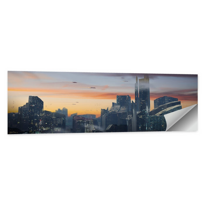 Futuristic City Skyline at Dusk Wall Art as a poster print