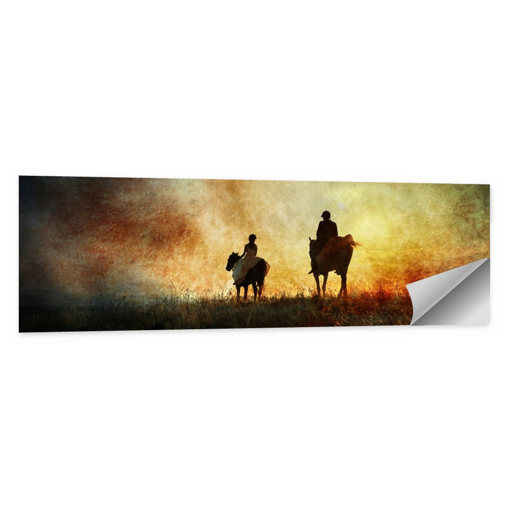 Silhouetted Horse Riders at Sunset Wall Art, poster print, panoramic