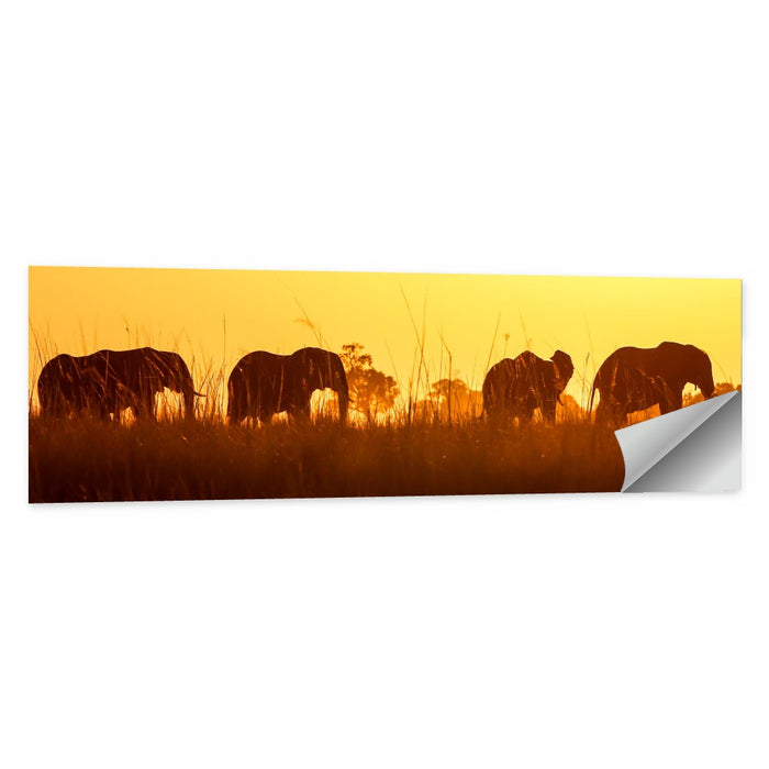 Golden Sunset Elephant Herd Wall Art as a poster print