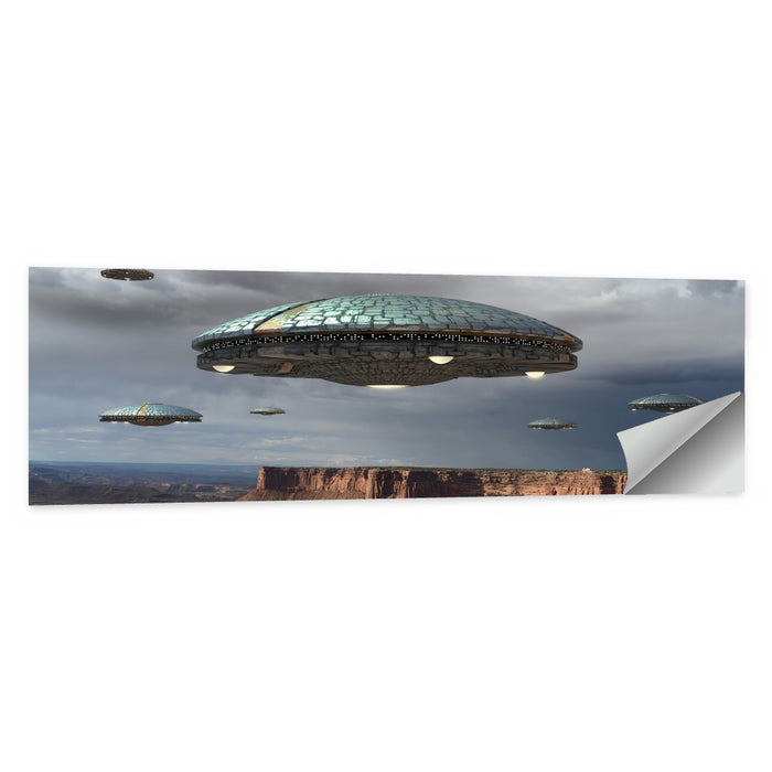 Ufos Over Stormy Canyon Wall Art as a poster print