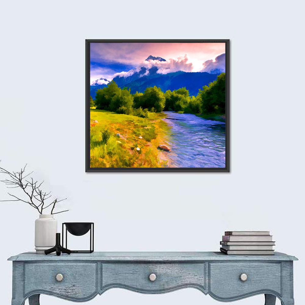 Mountain River Through Meadow Wall Art