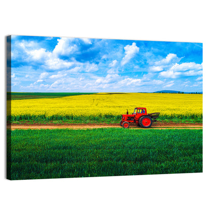 Red Tractor Over Yellow Rapeseed Field Wall Art