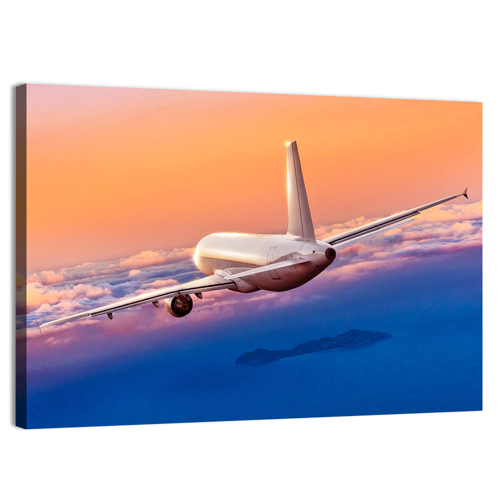 Airplane Over Clouds at Sunset Wall Art, canvas print, landscape