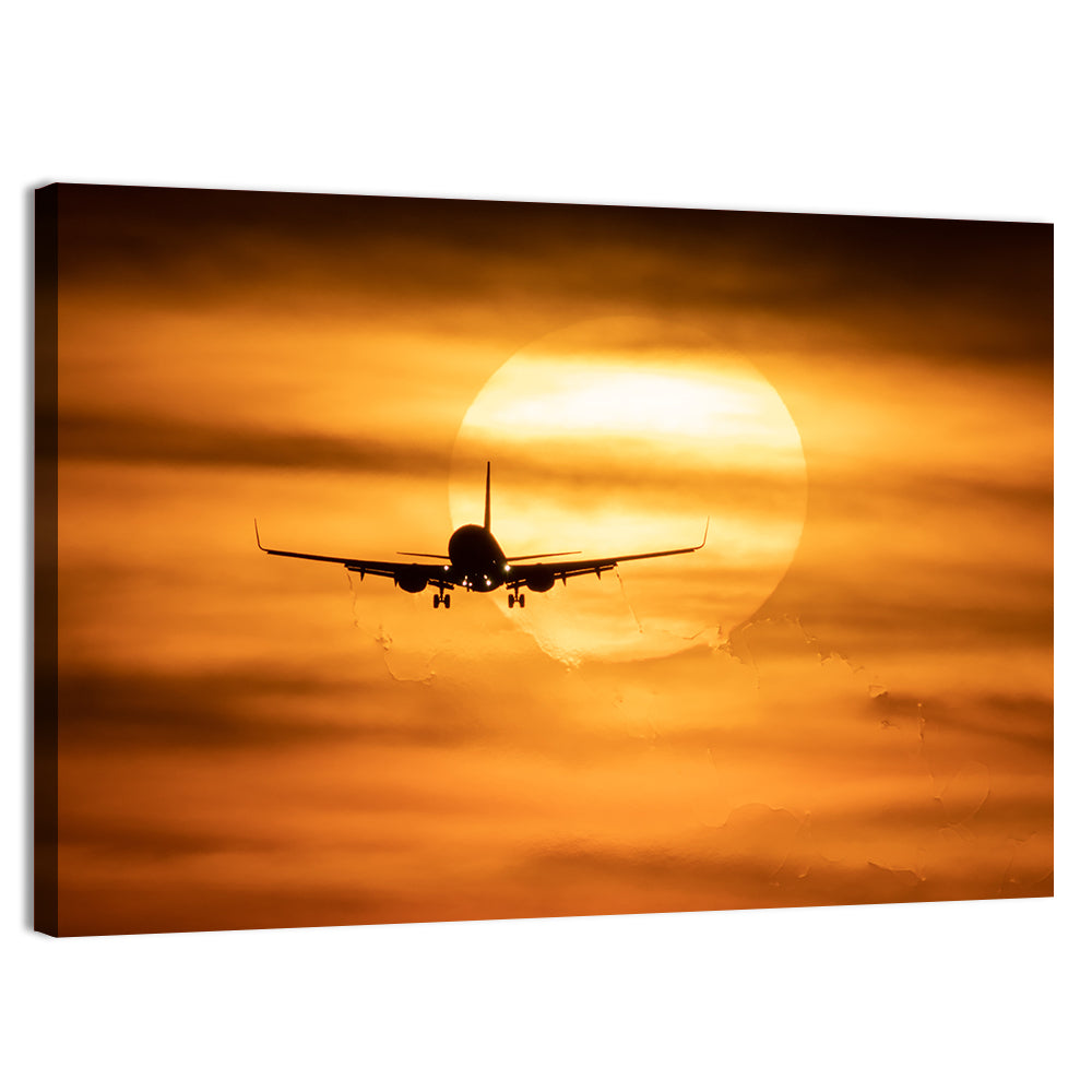 Airplane Silhouette at Golden Sunset Wall Art, canvas print, landscape