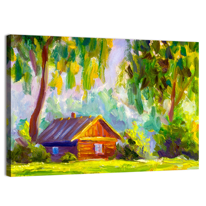 Impressionist Log Cabin in Green Forest Wall Art as a canvas print