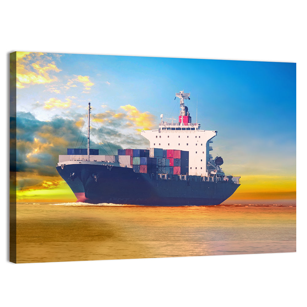 Container Ship at Golden Sunset Wall Art, canvas print, landscape