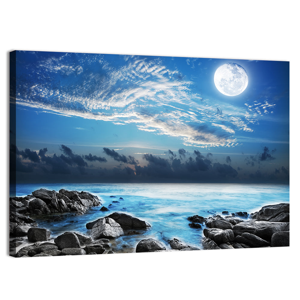 Moonlit Tropical Bay with Rocky Coast Wall Art