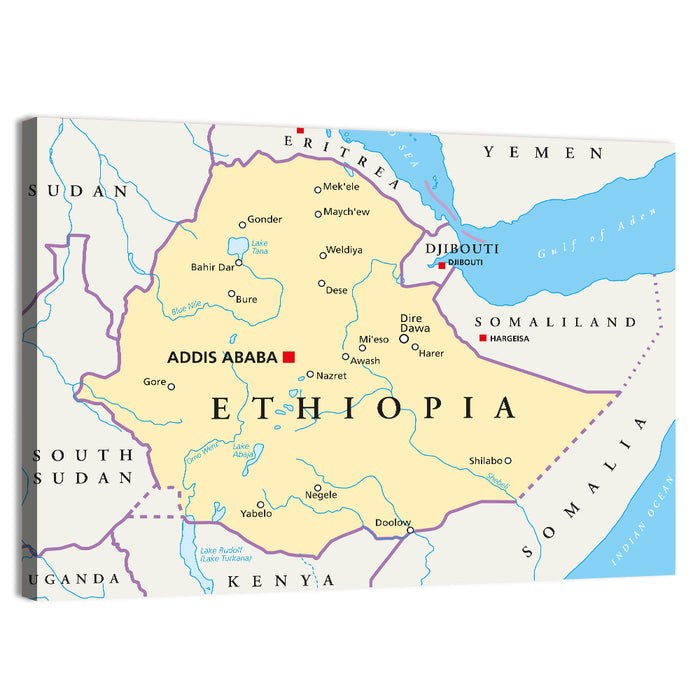 Ethiopia Political Map Wall Art as a canvas print
