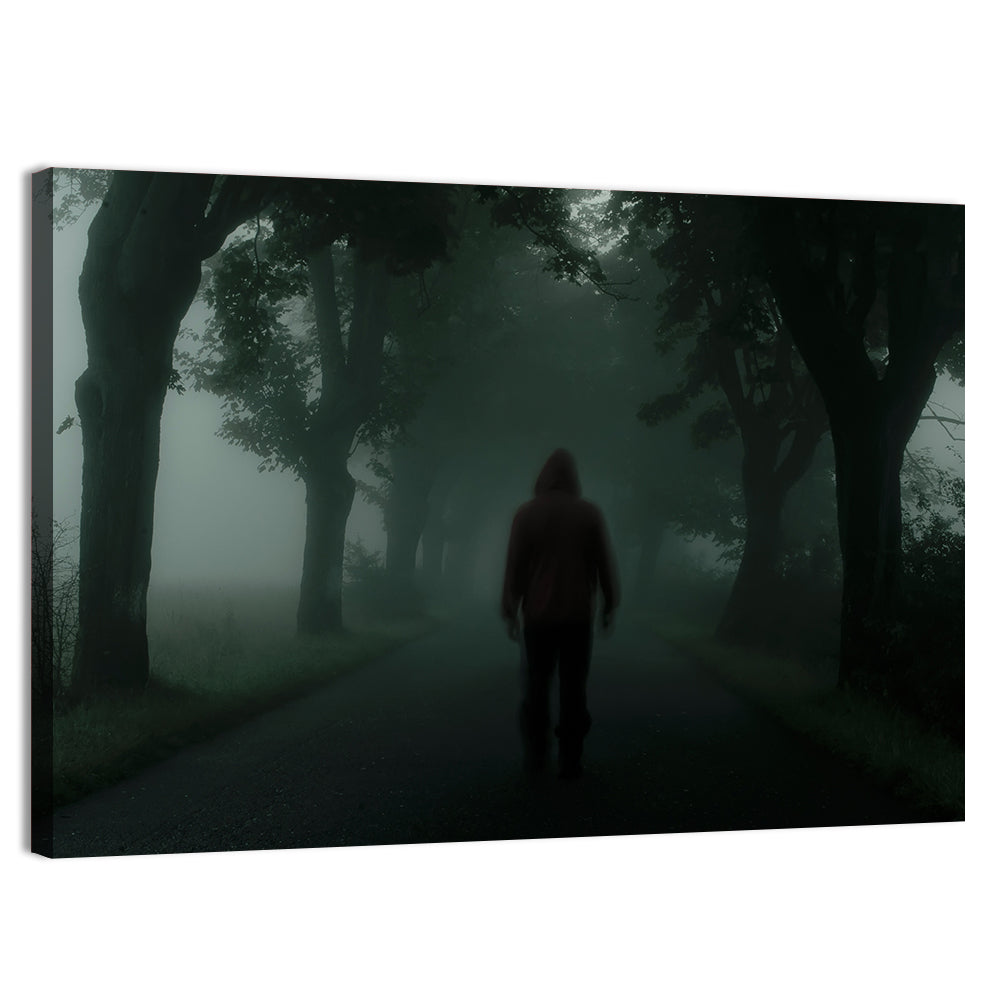 Hooded Silhouette on Foggy Forest Road Wall Art