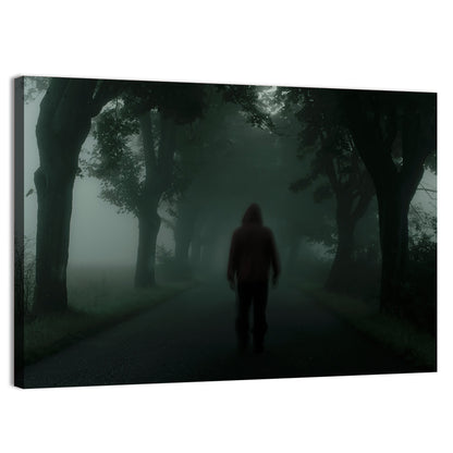 Hooded Silhouette on Foggy Forest Road Wall Art