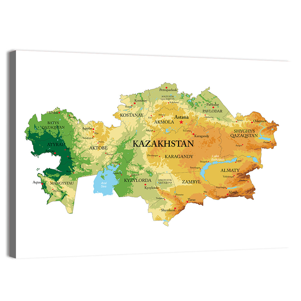 Kazakhstan Relief Map, Color-coded Terrain Wall Art