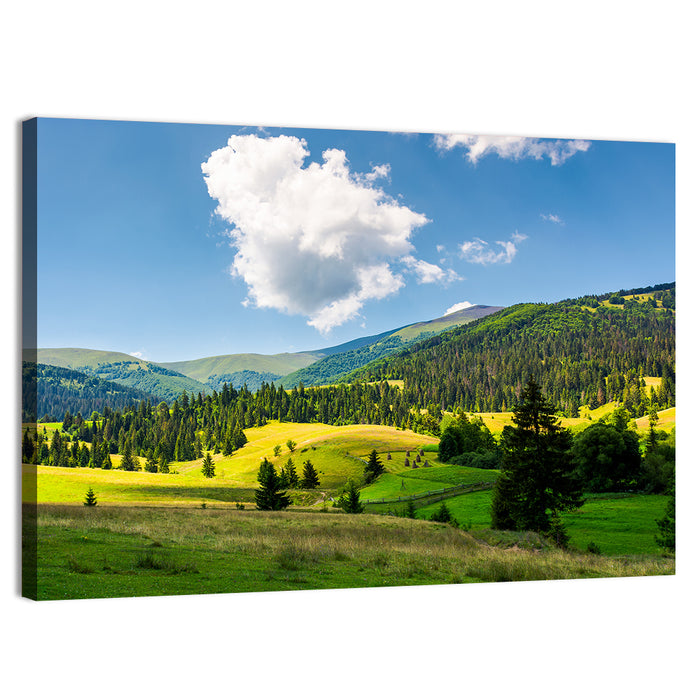 Sunlit Haystacks on Rolling Grassy Hills Wall Art as a canvas print