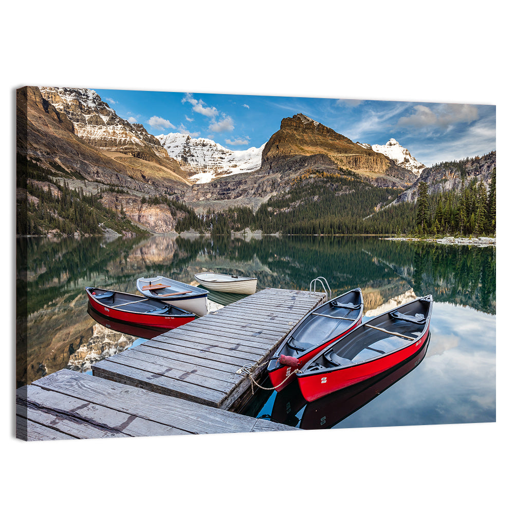 Canadian Rockies Lake with Red Canoes Wall Art