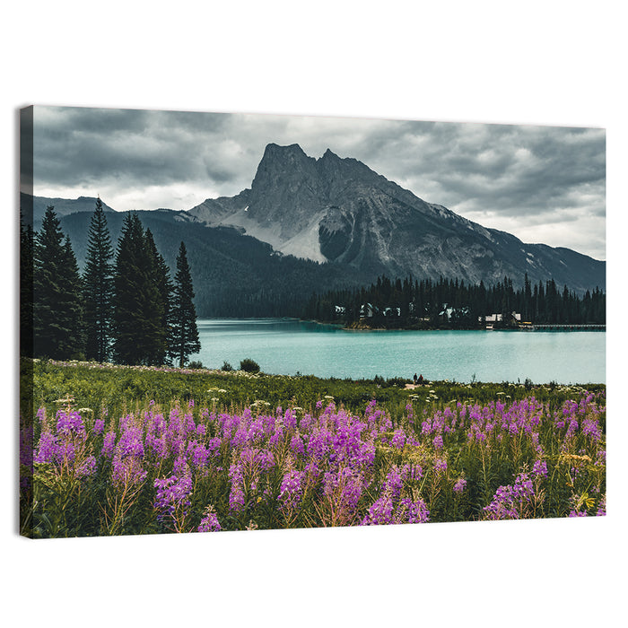 Emerald Lake with Fireweed Wall Art as a canvas print