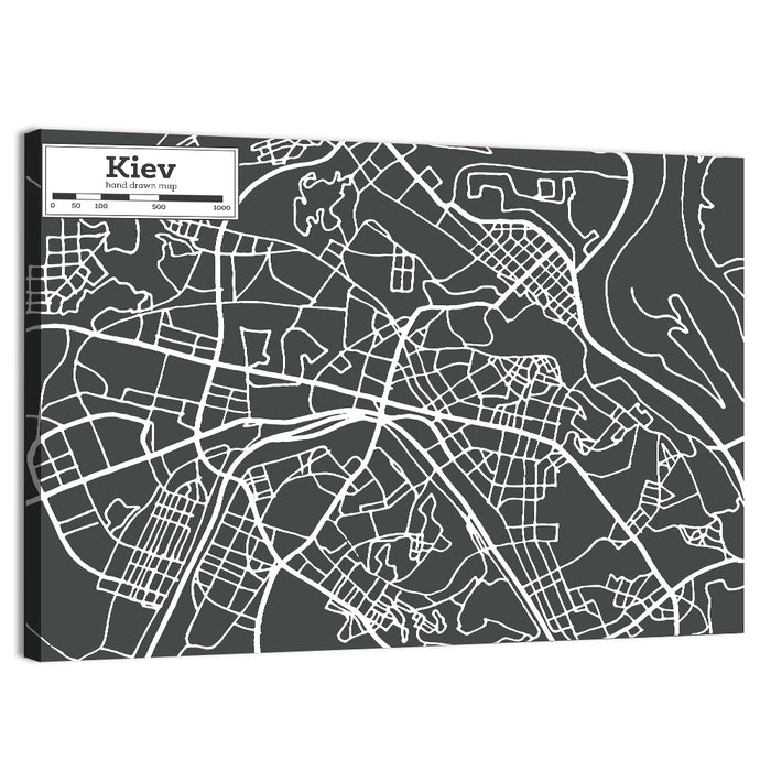 Kiev Street Grid Map Wall Art as a canvas print