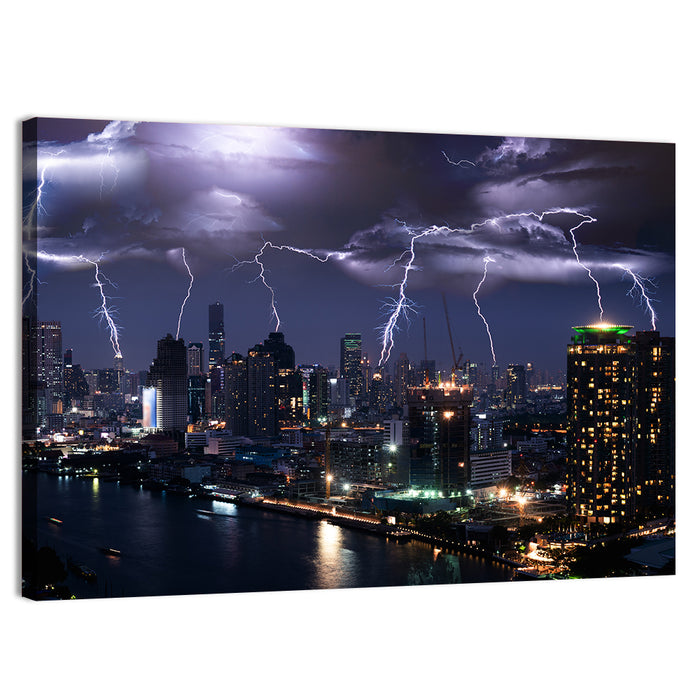 Night Lightning Over River Skyline Wall Art as a canvas print