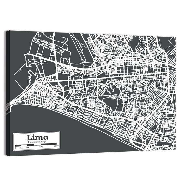 Lima Coastal City Map Wall Art as a canvas print