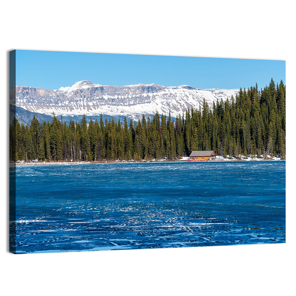 Boathouse on Frozen Lake Louise Wall Art