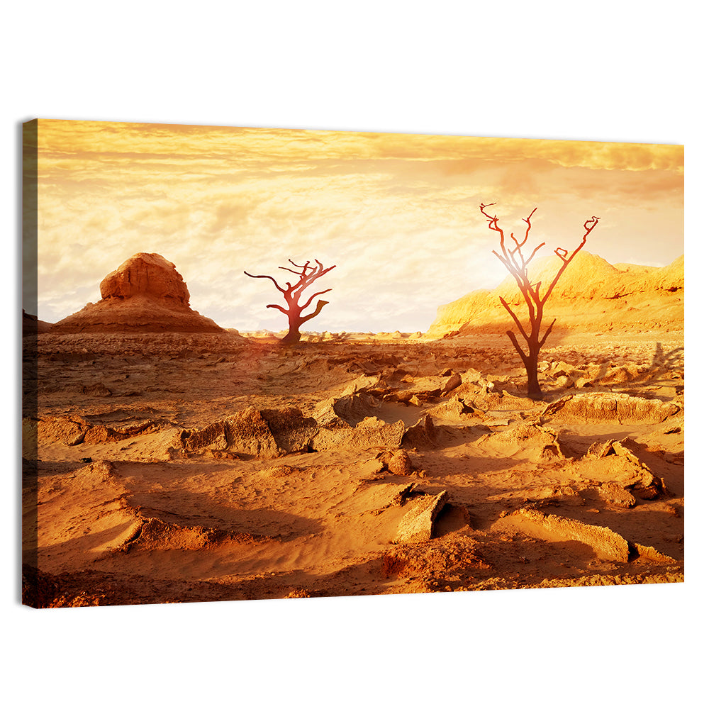 Skeletal Trees in Golden Desert Wall Art, canvas print, landscape