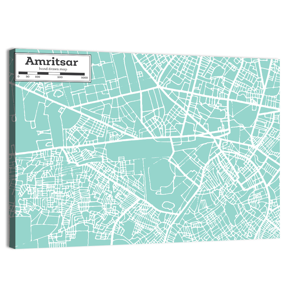 Amritsar Teal City Map Wall Art, canvas print, landscape