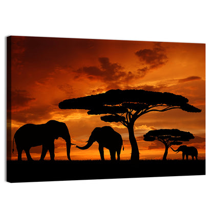 Three Elephants at Sunset Wall Art