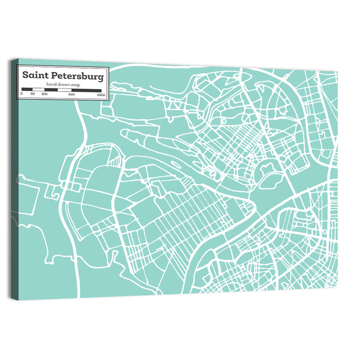 Saint Petersburg Teal City Map Wall Art as a canvas print