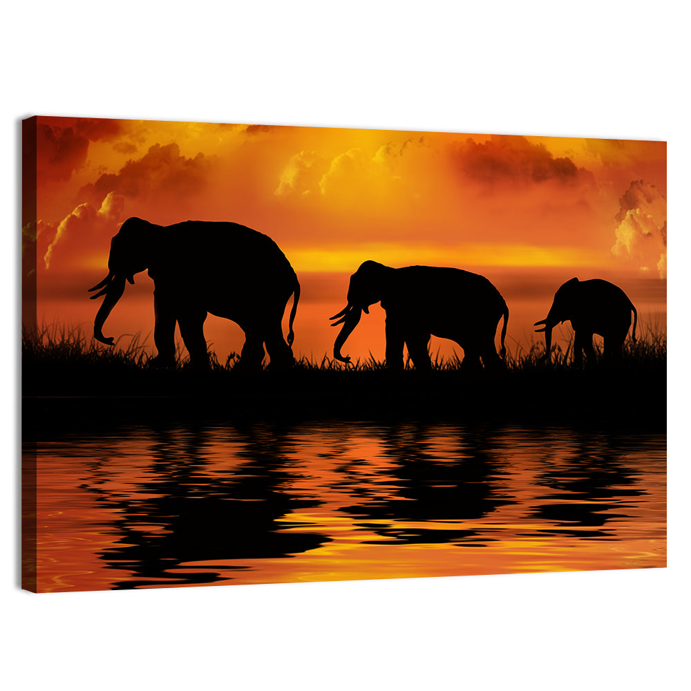Elephants at Sunset Wall Art, canvas print, landscape
