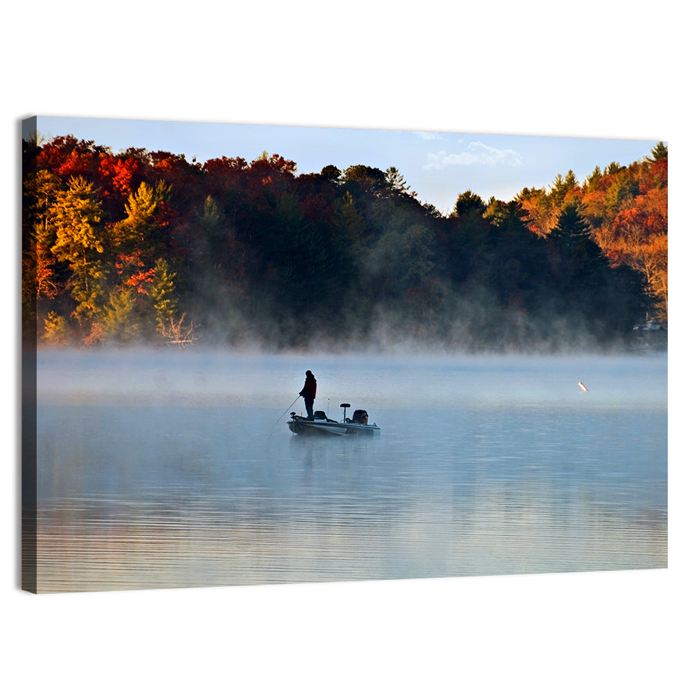 Misty Lake Fisherman Silhouette Wall Art