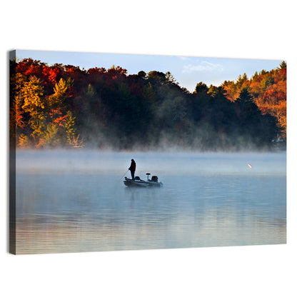 Misty Lake Fisherman Silhouette Wall Art