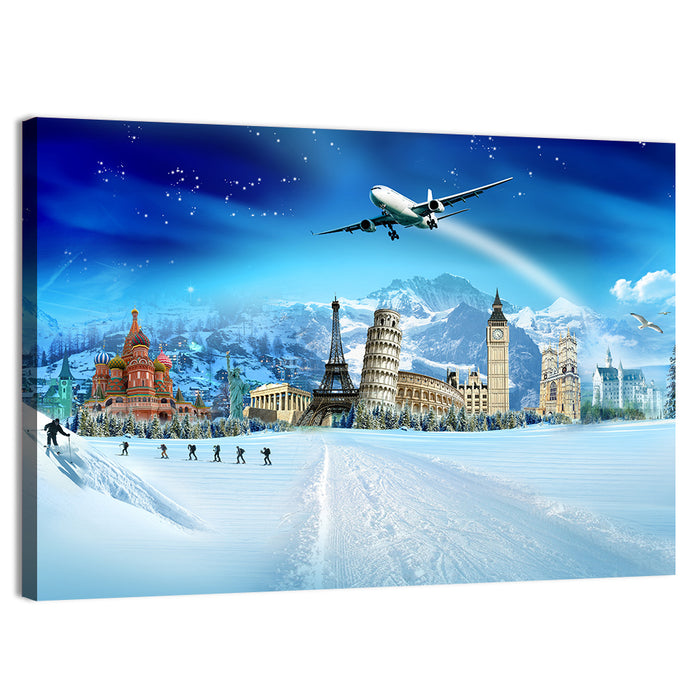 Global Winter Travel Montage Wall Art as a canvas print