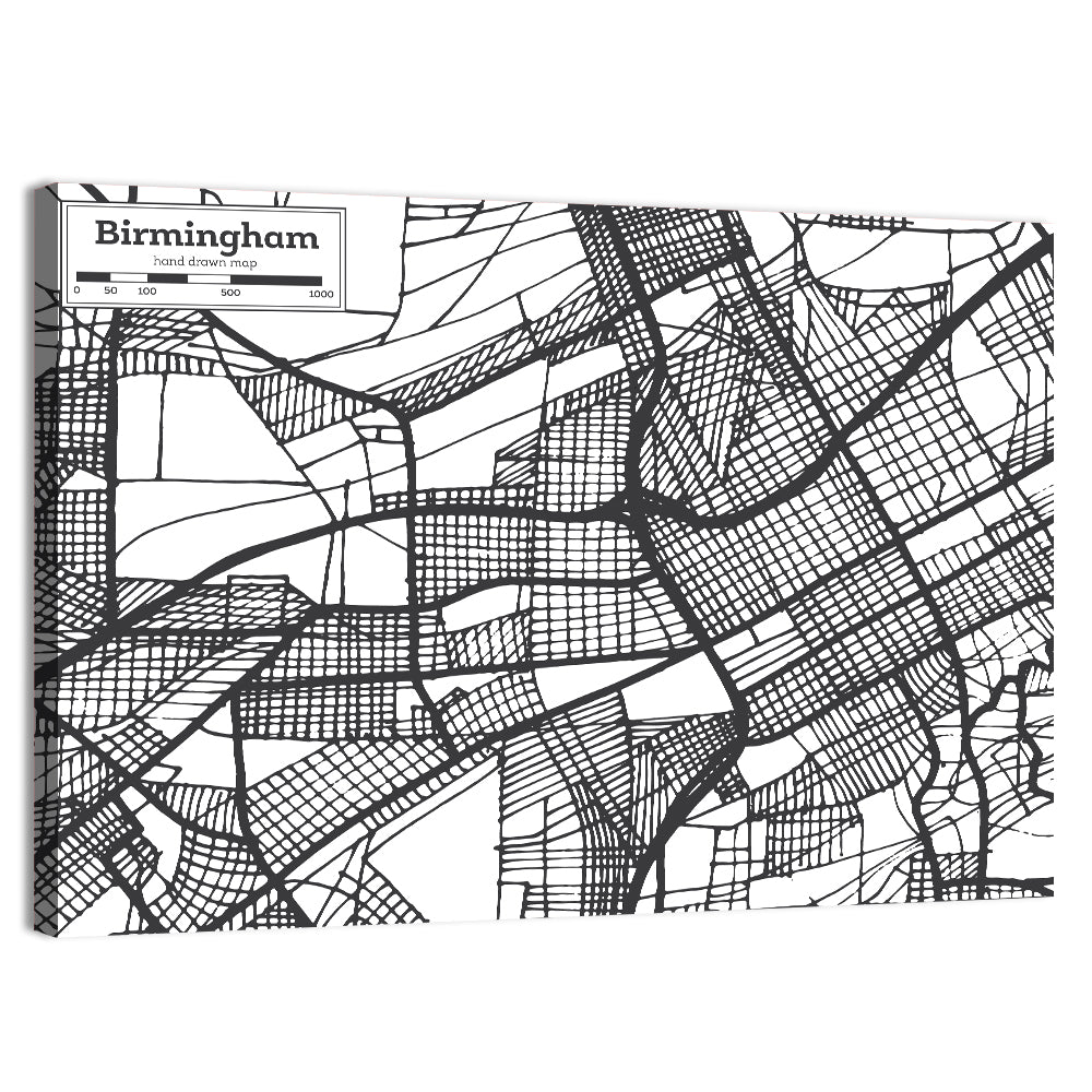 Birmingham Black and White City Map Wall Art