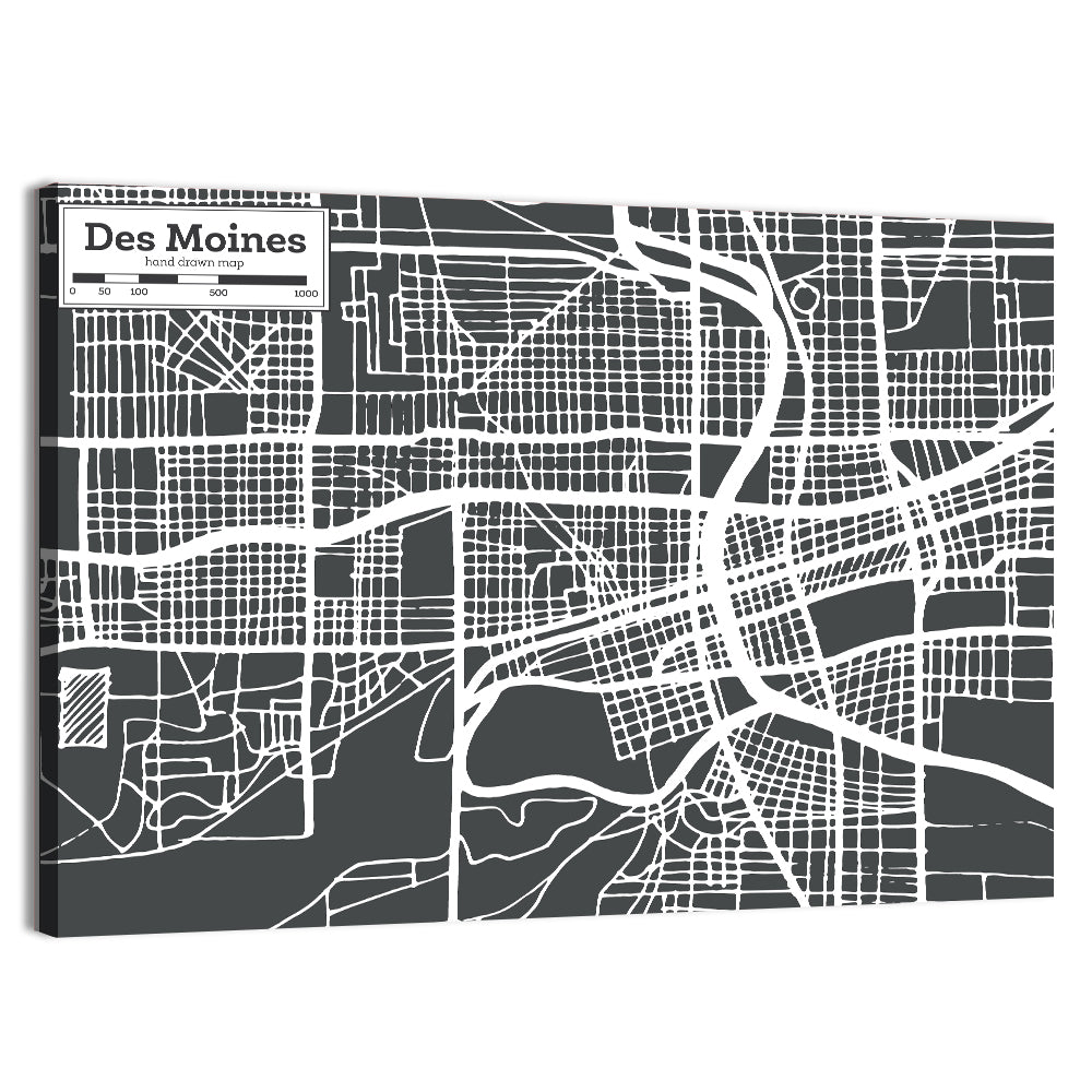 Des Moines Grid Map Wall Art, canvas print, landscape