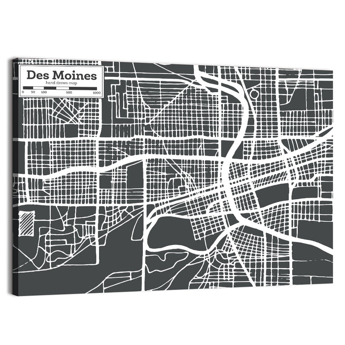 Des Moines Grid Map Wall Art as a canvas print