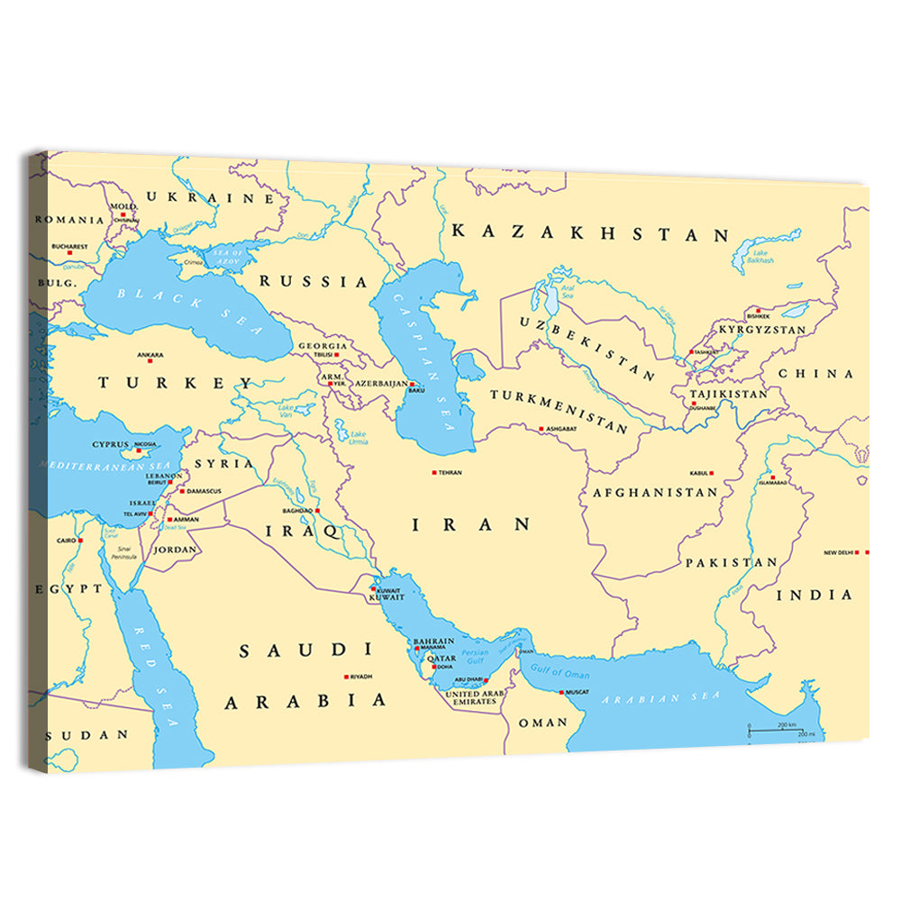 Southwest Asia Political Map, Cartographic Wall Art, canvas print, landscape