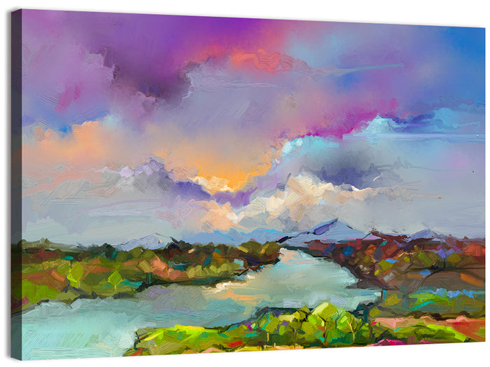 Sunset River and Meadow Abstraction Wall Art as a canvas print