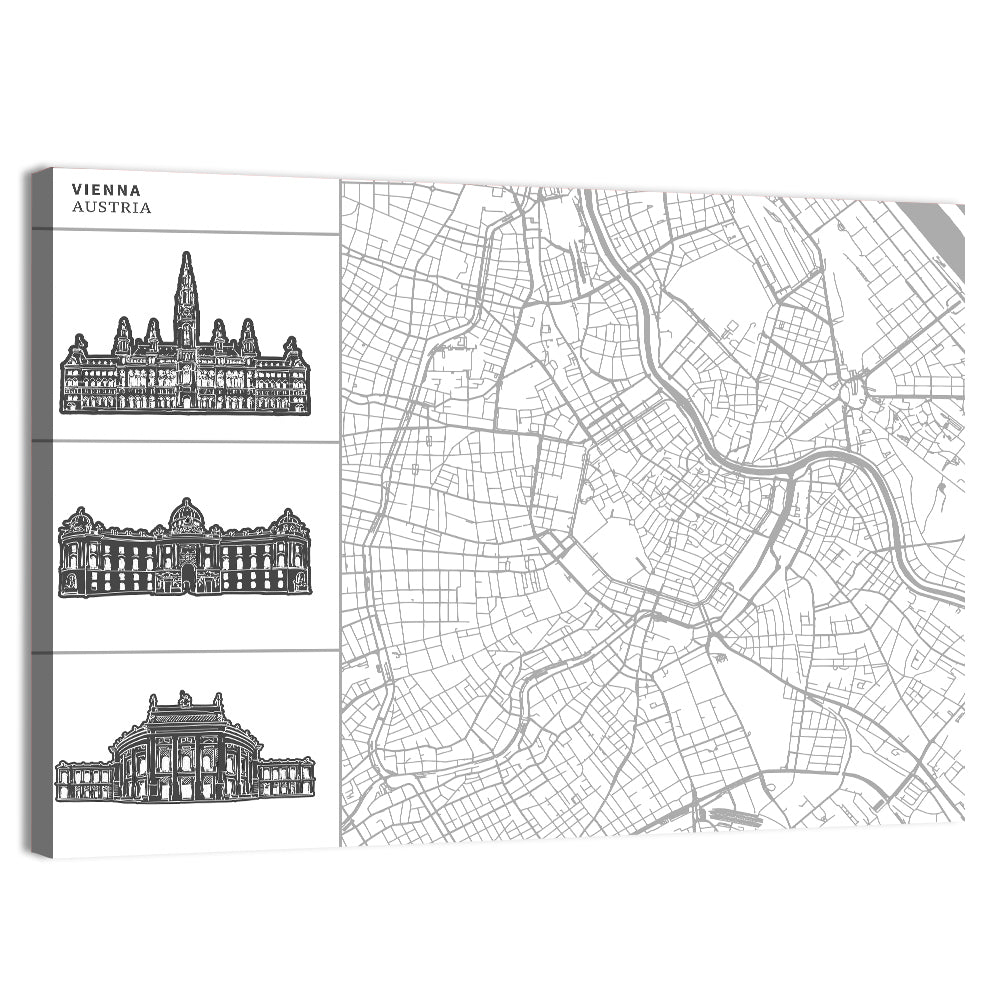 Vienna Map with Landmark Silhouettes Wall Art, canvas print, landscape