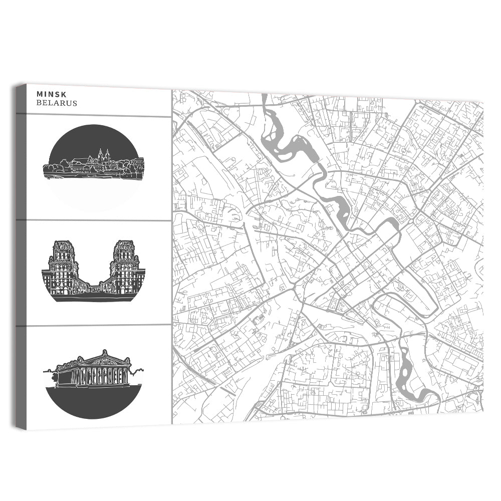 Minsk Map with Architectural Vignettes Wall Art