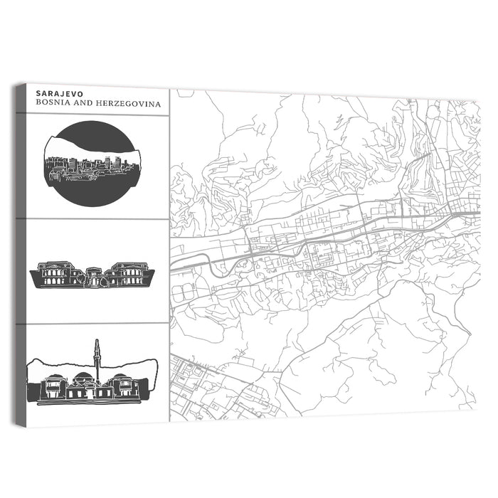 Sarajevo Line Map Wall Art as a canvas print