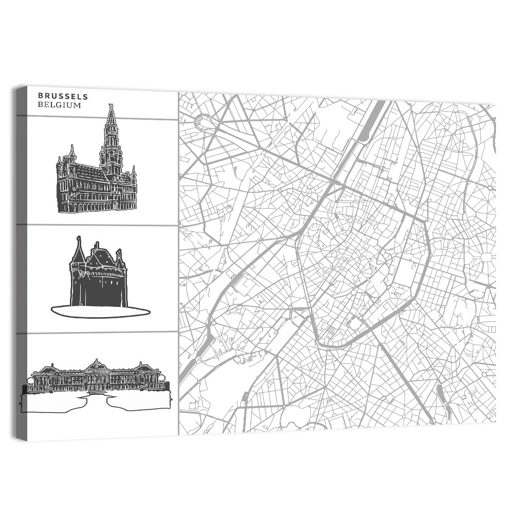 Brussels Map with Architectural Icons Wall Art, canvas print, landscape