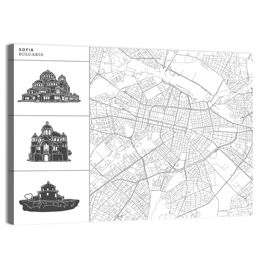 Sofia Map with Cathedral Illustrations Wall Art
