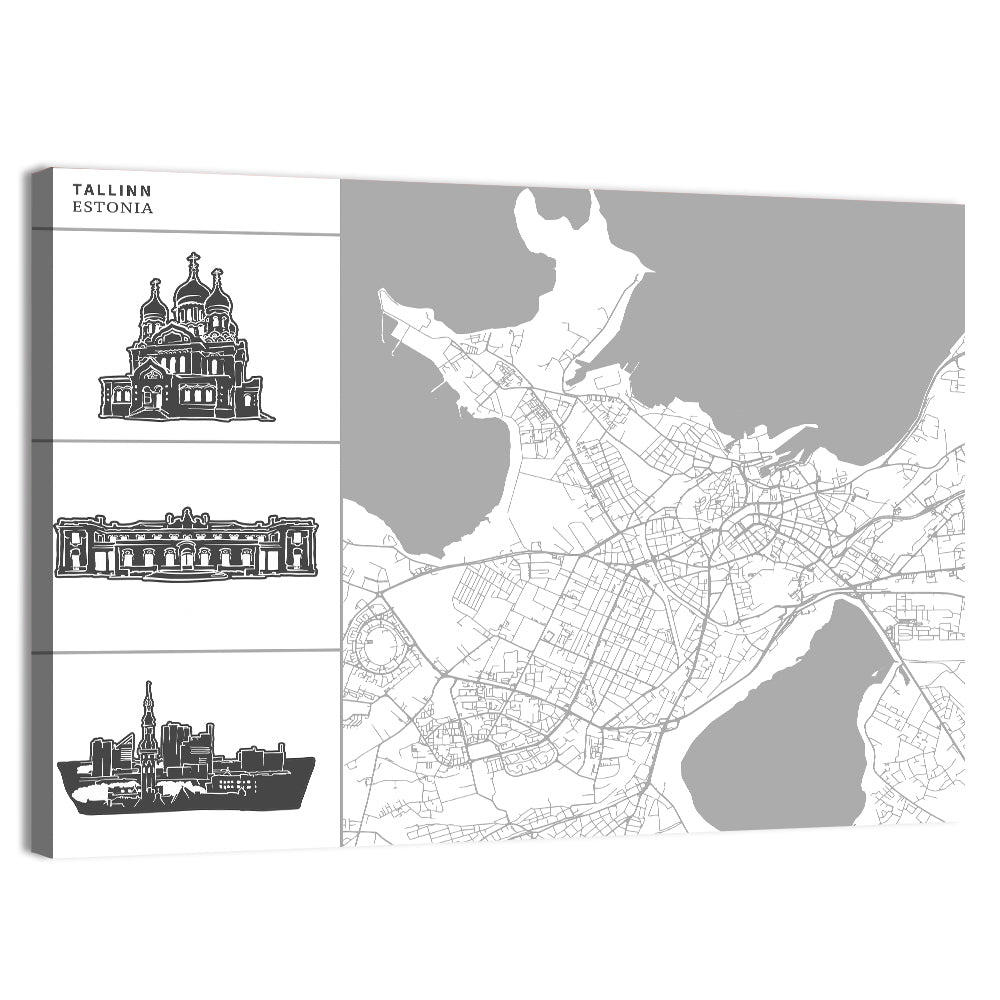 Tallinn Map with Cathedral and Palace Wall Art, canvas print, landscape