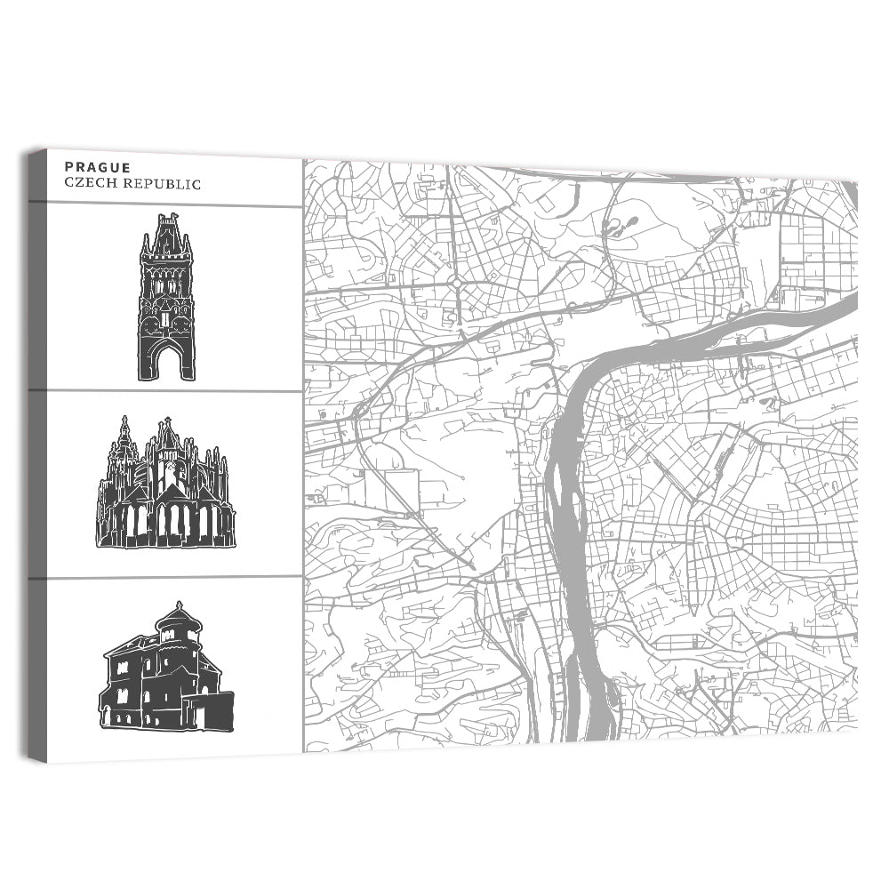 Prague City Map with Architectural Silhouettes Wall Art